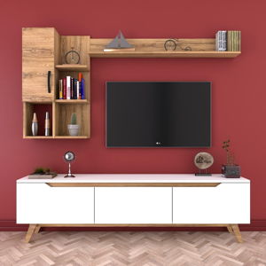 Zestaw białej szafki pod TV i 2 półek w dekorze drewna orzechowego Nut