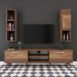Zestaw komody pod TV, szafki ściennej i półki w dekorze drewna orzechowego Nut