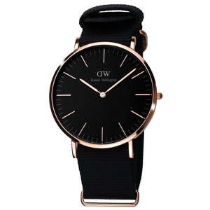 Czarny zegarek damski z nylonowym paskiem i detalami w kolorze różowego złota Daniel Welington Deedee