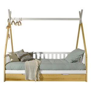 Naturalne łóżko dziecięce z litego drewna sosnowego w kształcie domku ze schowkiem 90x200 cm TIPI – Vipack