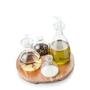 Zestaw butelek na przyprawy, olej i ocet z tacą z drewna akacjowego Brandani Verre