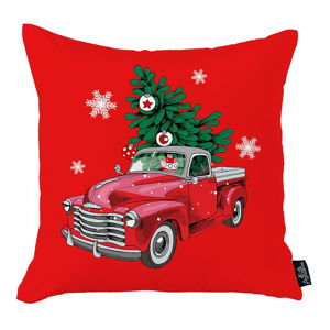 Czerwona poszewka na poduszkę ze świątecznym motywem Apolena Honey Christmas Car and Tree, 45x45 cm