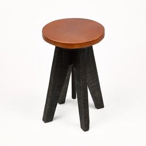 Czarny stołek z siedziskiem ze skóry Simla Round