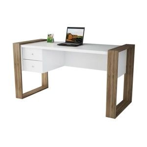 Białe biurko z dekorem drewna orzecha Lord