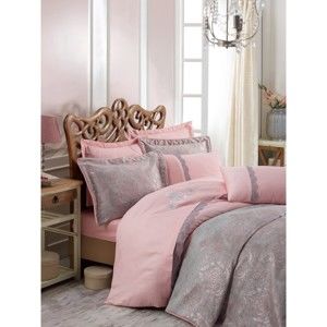 Różowo-szara narzuta na łóżko dwuosobowe z poszewkami na poduszki Ornella, 250x260 cm