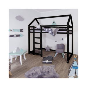 Czarne podwyższane łóżko z drewna świerkowego z drabinką po lewej stronie Benlemi Nesty, 90x200 cm