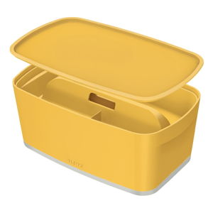 Żółty pojemnik z pokrywką i przegródkami MyBox – Leitz