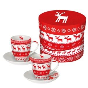 Zestaw 2 filiżanek z porcelany kostnej na espresso ze świątecznym motywem w ozdobnym opakowaniu PPD Magic Christmas Red, 100 ml