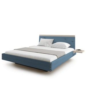Niebieskie łóżko 2-osobowe z litego drewna dębowego JELÍNEK Amanta, 180x200 cm
