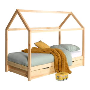 Naturalne łóżko dziecięce z litego drewna sosnowego w kształcie domku/z wysuwanym łóżkiem ze schowkiem 90x200 cm DALLAS – Vipack