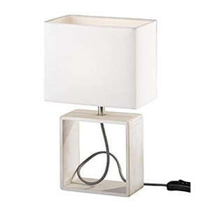 Biała lampa stołowa z naturalnego drewna i tkaniny Trio Tick, wys. 34 cm