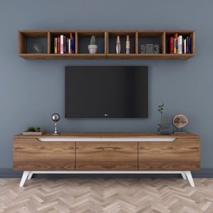 Zestaw komody pod TV i półki ściennej w dekorze drewna orzechowego