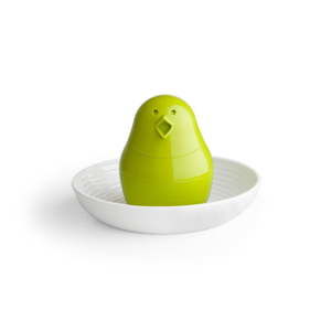Biało-zielona solniczka z talerzykiem na jajko Qualy&CO Jib-Jib Shaker