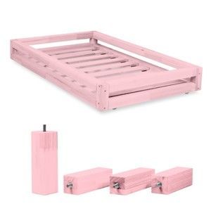 Komplet różowej szuflady pod łóżko i 4 dodatkowych nóg Benlemi, do łóżka 80x160 cm