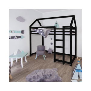 Czarne podwyższane łóżko z drewna świerkowego z drabinką po prawej stronie Benlemi Nesty, 90x200 cm