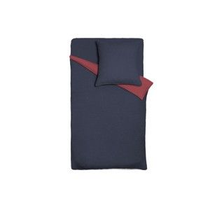 Niebiesko-czerwona dwustronna lniana narzuta na łóżko z poszewką na poduszkę Maison Carezza Lilly, 200x200 cm