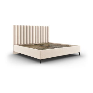 Beżowe tapicerowane łóżko dwuosobowe ze schowkiem ze stelażem 200x200 cm Casey – Mazzini Beds