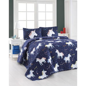 Zestaw pikowanej narzuty na łóżko i 2 poszewek na poduszki Eponj Home Magic Unicorn Dark Blue, 200x220 cm