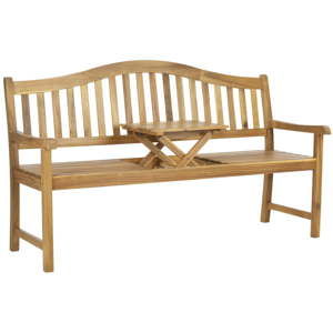 Brązowa ławka ogrodowa z drewna akacji z wysuwanym stoliczkiem Safavieh Bailey