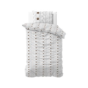 Biała flanelowa pościel jednoosobowa Sleeptime Knit Buttons, 140x220 cm