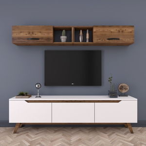 Zestaw białej szafki pod TV i szafki ściennej w dekorze drewna orzechowego Rani