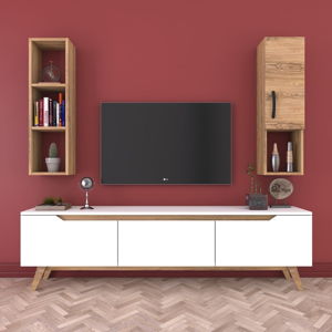 Zestaw białej komody pod TV, półki i szafki w dekorze drewna