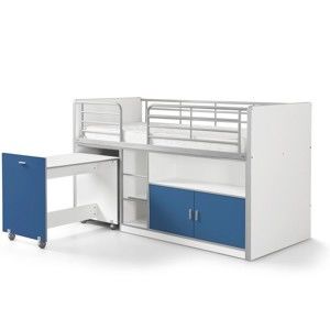Biało-niebieskie łóżko piętrowe z wysuwanym biurkiem i schowkiem Vipack Bonny, 200x90 cm