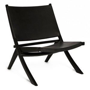 Czarne krzesło z konstrukcją z drewna tekowego i siedziskiem ze skóry bydlęcej Simla Fold