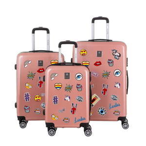 Zestaw 3 walizek w kolorze przydymionego różu naklejkami Berenice Stickers