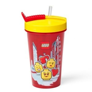 Czerwony kubek podróżny z żółtym wieczkiem i słomką LEGO® Iconic, 500 ml