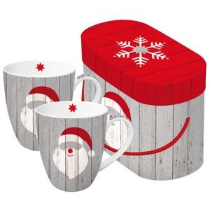Zestaw 2 kubków z porcelany kostnej ze świątecznym motywem w ozdobnym opakowaniu PPD Santa On Wood, 350 ml