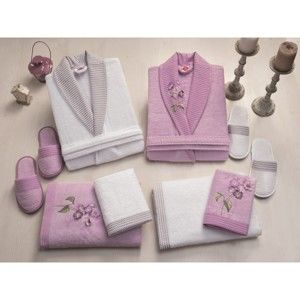 Zestaw damskiego i męskiego szlafroka, ręczników i pantofli w białym i fioletowym kolorze Family Bath