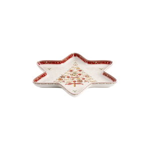 Czerwono-biała porcelanowa miska do serwowania w kształcie gwiazdy Villeroy & Boch Gingerbread Village, 37,2x32,5 cm