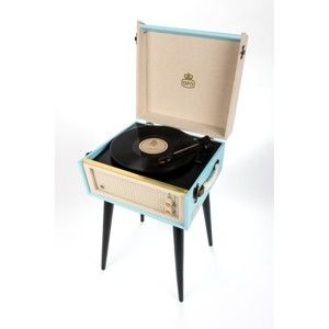 Jasnoniebieski gramofon z radiem na nóżkach GPO Bermuda Blue