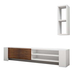 Komplet białej szafki pod TV i półki z detalami z dekorem drewna orzecha Muzzo Pina