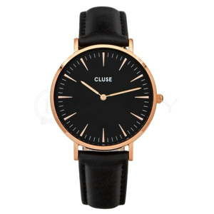 Czarny zegarek damski ze skórzanym paskiem i detalami w kolorze różowego złota Cluse La Bohéme