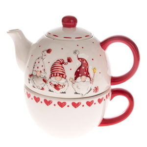 Czerwono-biały ceramiczny dzbanek na herbatę z motywem skrzatów Dakls