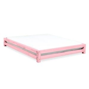 Różowe łóżko dwuosobowe z drewna świerkowego Benlemi JAPA, 200x190 cm