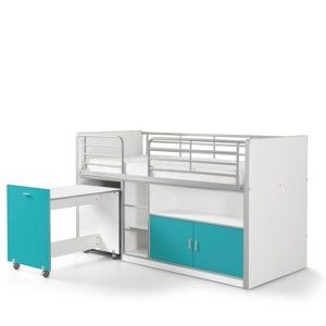 Biało-turkusowe łóżko piętrowe z wysuwanym biurkiem i schowkiem Vipack Bonny, 200x90 cm