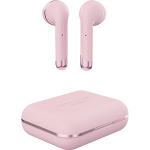 Różowe słuchawki bezprzewodowe z detalami w złotym kolorze w etui Happy Plugs Air 1