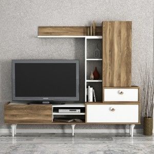 Komplet szafki pod TV i szafek ściennych w dekorze drewna orzecha Destina
