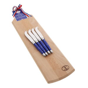 Komplet 4 niebieskich noży do serwowania serów z drewnianą deską Jean Dubost