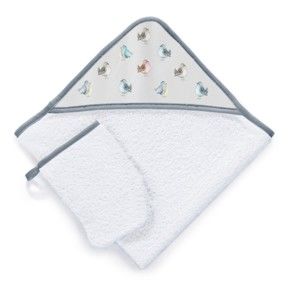 Zestaw ręcznika kąpielowego z kapturem i rękawicy kąpielowej Tanuki Birds Family, 75x75 cm