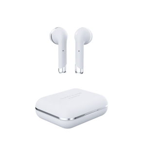 Białe bezprzewodowe słuchawki w etui Happy Plugs Air 1