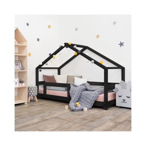 Czarne łóżko dziecięce w kształcie domku z barierką Benlemi Lucky, 70x160 cm