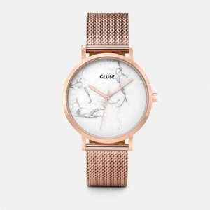 Zegarek damski ze stali nierdzewnej w kolorze różowego złota z marmurowym cyferblatem Cluse La Roche Mesh
