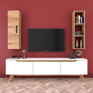 Zestaw białej szafki pod TV, półki i szafki w dekorze drewna orzechowego Wren