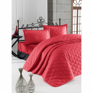 Czerwona narzuta z poszewką na poduszkę z bawełny ranforce EnLora Home Fresh, 180x225 cm