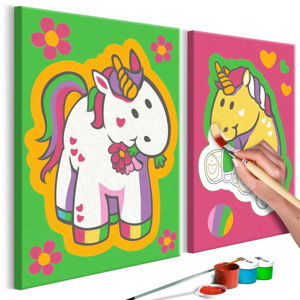 Zestaw płótna (2 szt.), farb i pędzli DIY Artgeist Lovely Unicorns, 33x33 cm