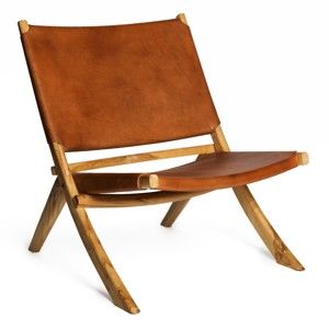 Brązowe krzesło z konstrukcją z drewna tekowego i siedziskiem ze skóry bydlęcej Simla Fold